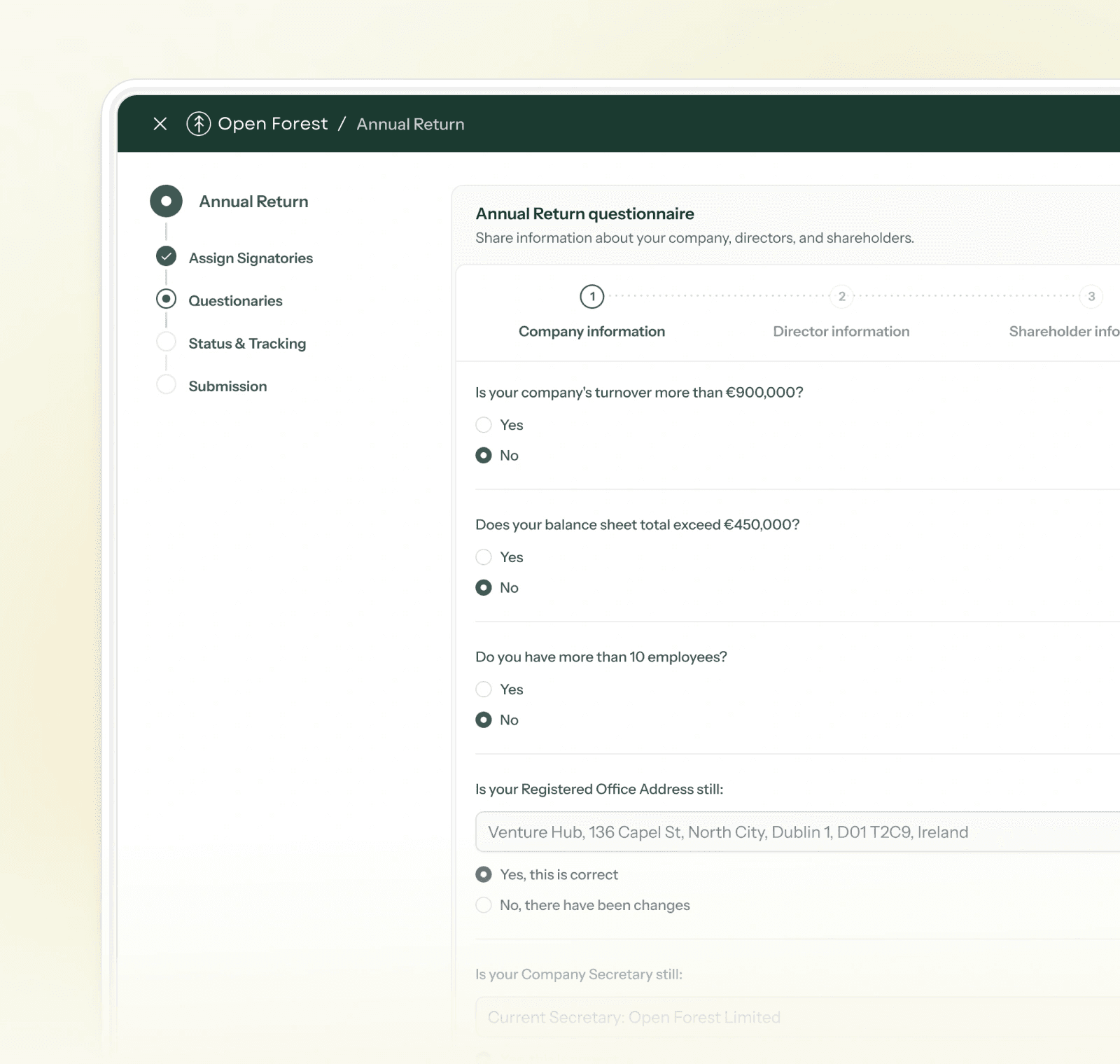 Open Forest annual return and confirmation statement filing timeline.