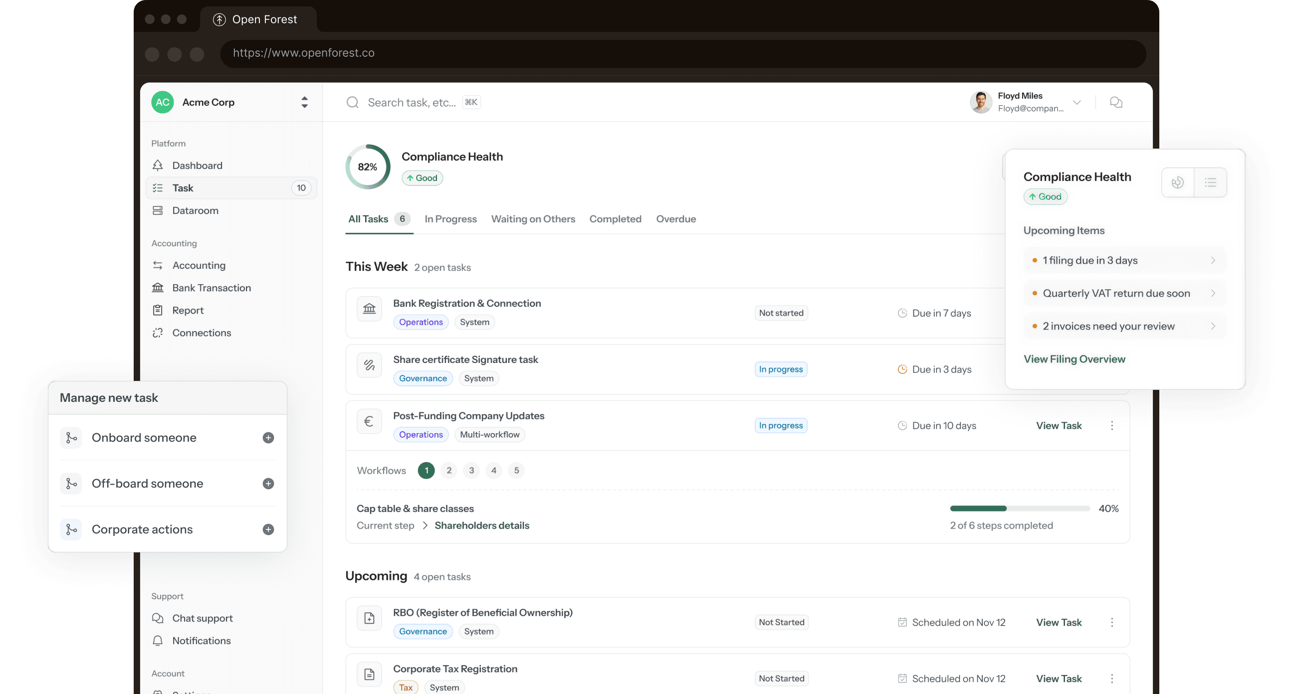 Open Forest filings and deadlines dashboard showing statutory obligations, annual returns, and filing records.