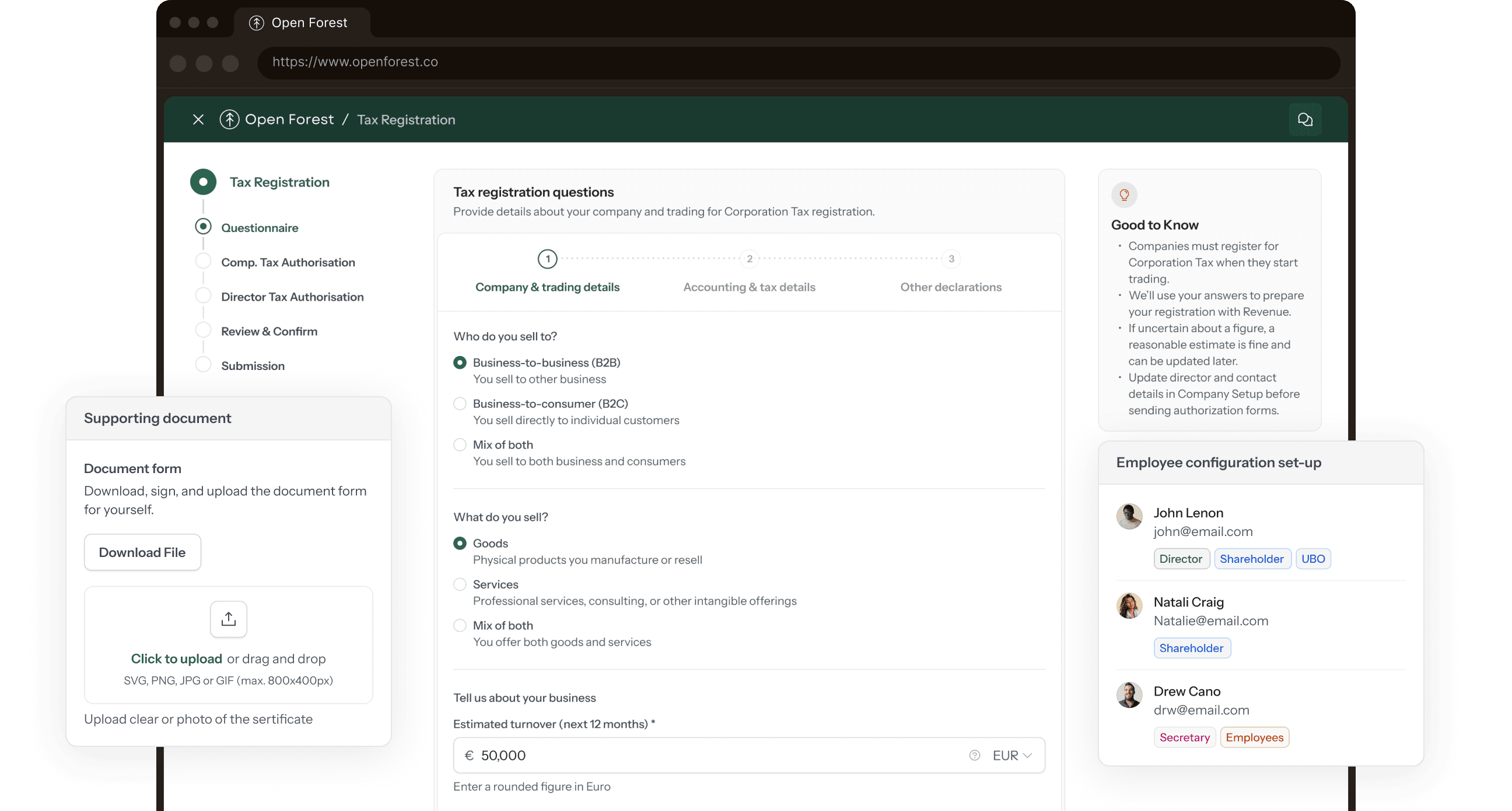 Open Forest tax registration workflow showing registration questions, tax authority steps, and company setup details.