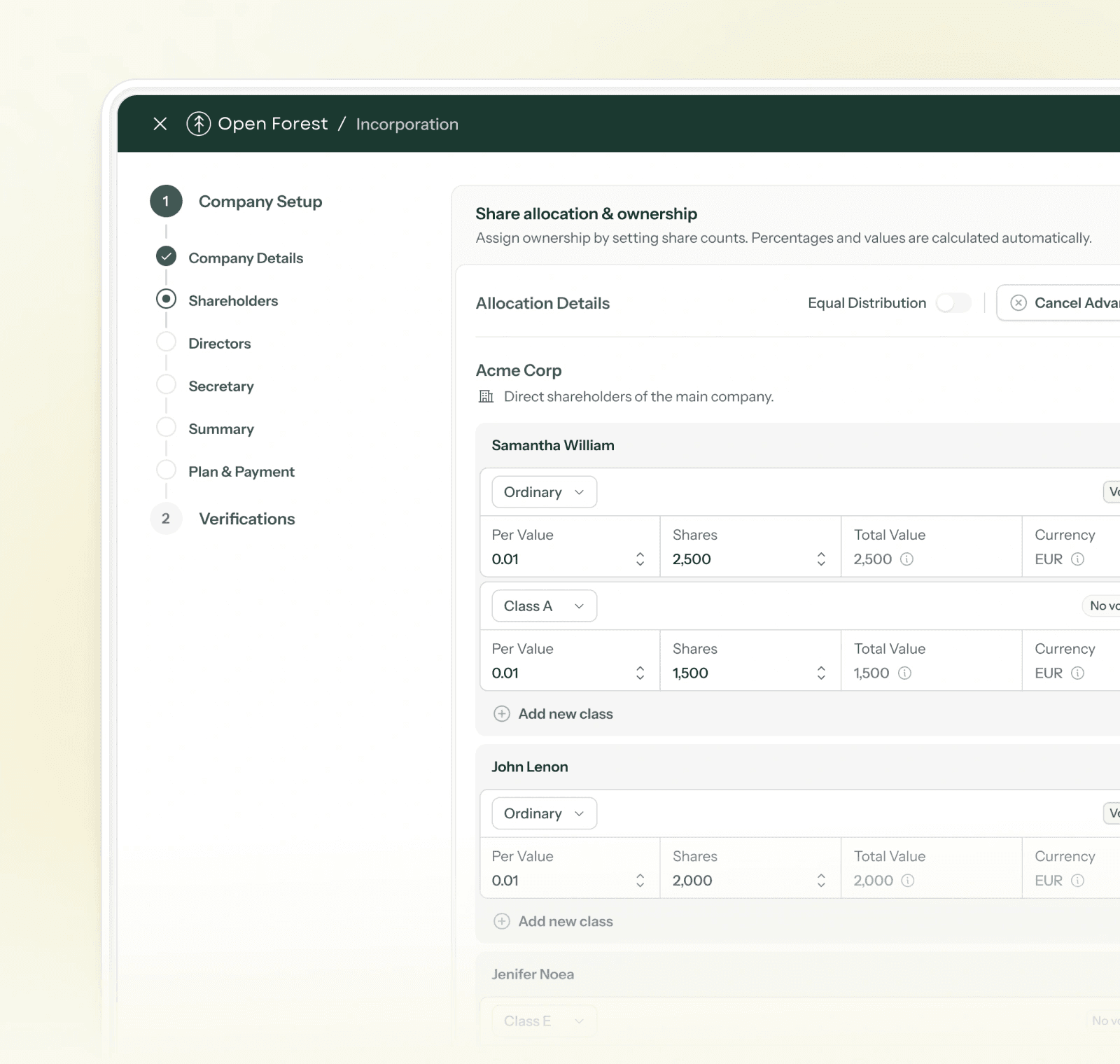 Open Forest incorporation screen showing share allocation and ownership across share classes.