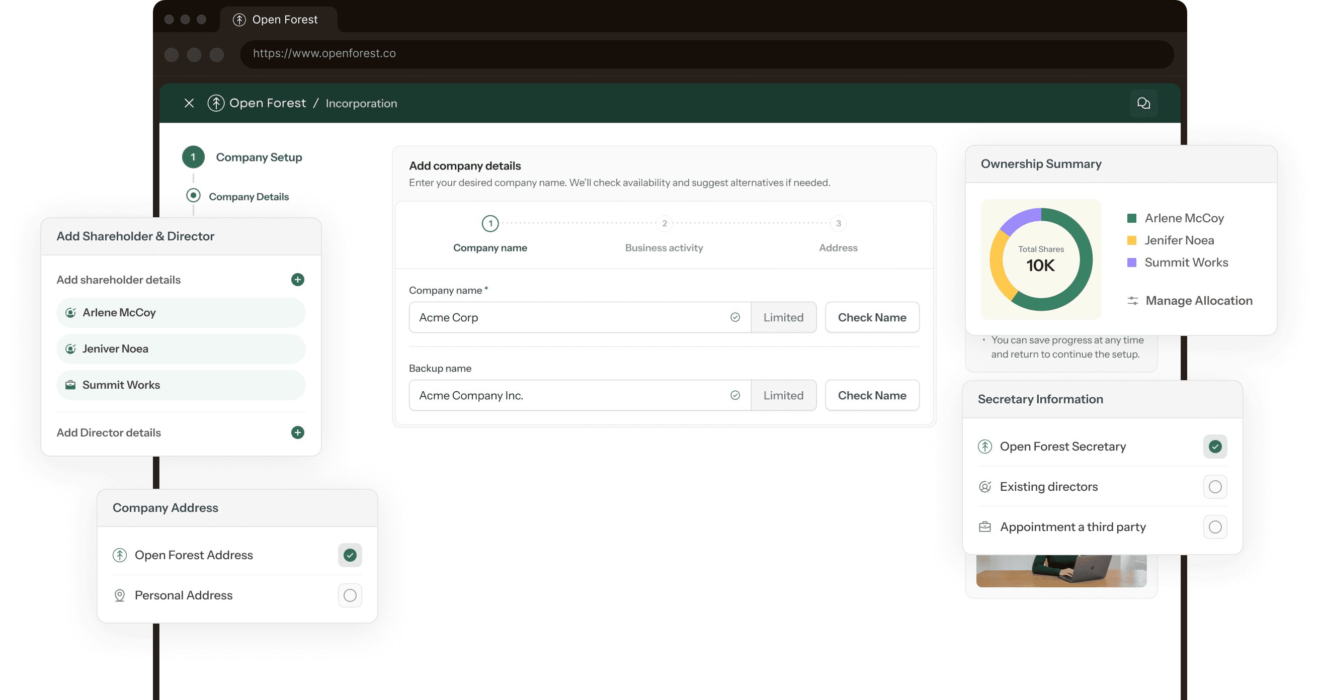 Open Forest incorporation workflow showing company setup, company details, shareholders, directors, secretary, summary, plan and payment, and verifications.